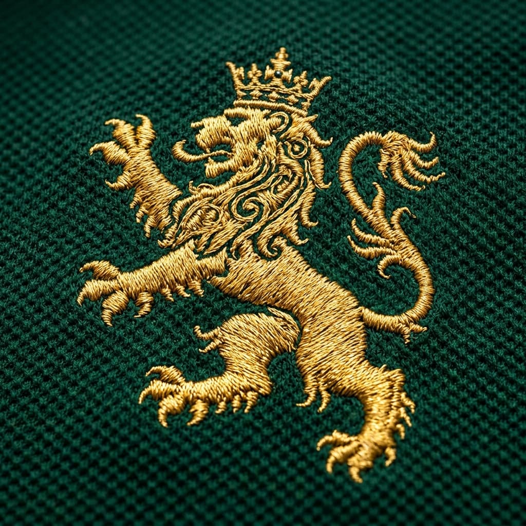 Ultra-macro photograph of royal golden lion rampant crest embroidered on dark emerald pique cotton with metallic gold threads
